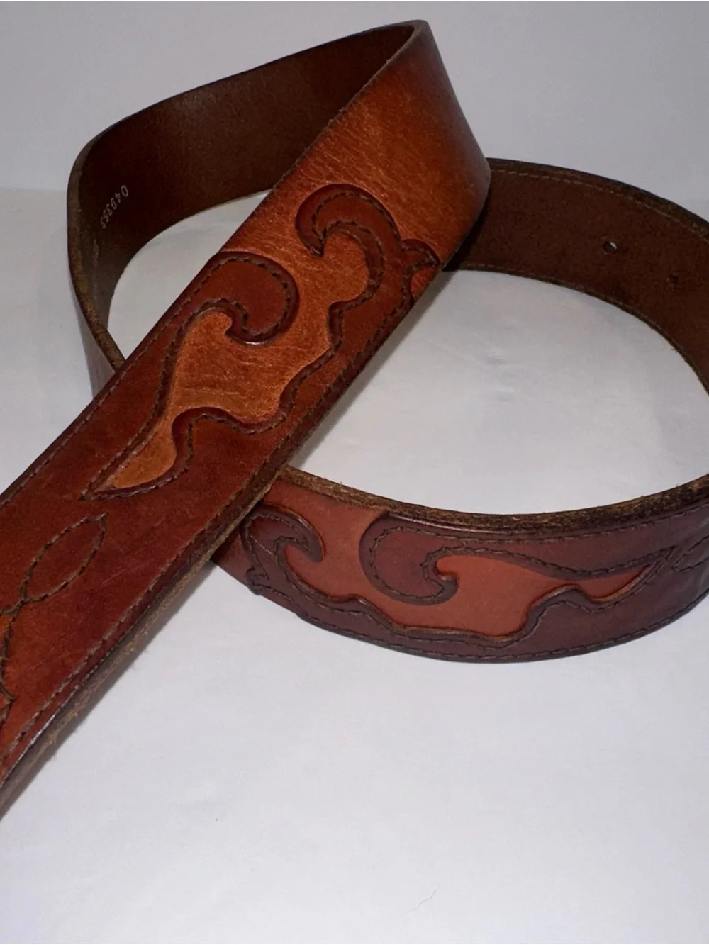 Fossil Full Grain Cowhide Leather Belt Brown Western Scroll Stitch Size 32